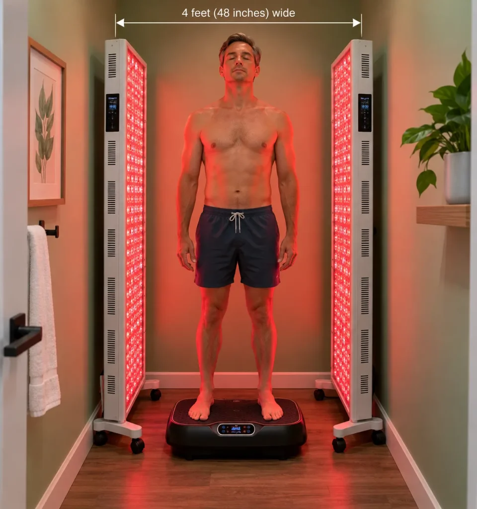 A man standing between full-body red light panels on a vibration plate