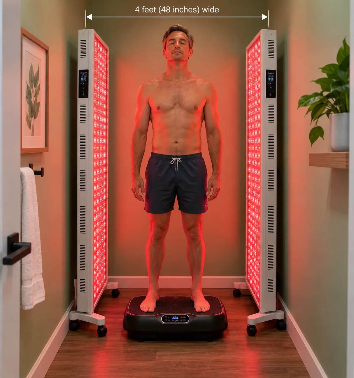 A man standing between full-body red light panels on a vibration plate